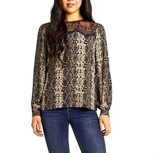 Vince Camuto Lace Yoke Snake Charm Long Sleeve Top Size Medium Rich Black